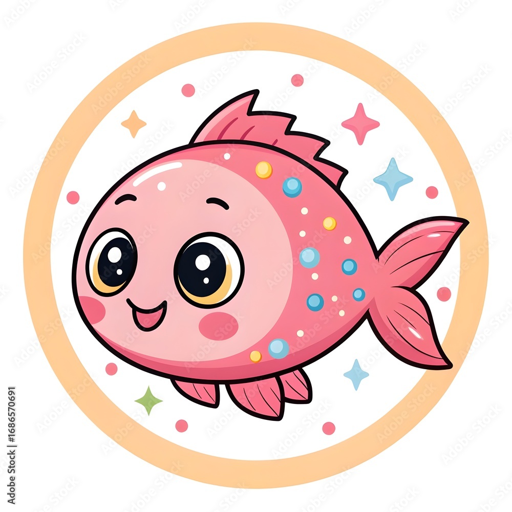 Obraz premium Adorable Chibi Baby Nightfish Fry With Sparkly Eyes And Shimmery Twinkling Candy Spots, Whimsical Pastel Underwater Cartoon Style, Cute Kawaii Fantasy Fish Character