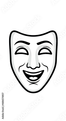 Happy Comedy Mask Black and White Illustration.