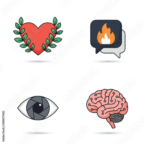 Modern Lifestyle and Technology Vector Icon Set - Concepts for Emotion, Communication, Vision, and Intellect