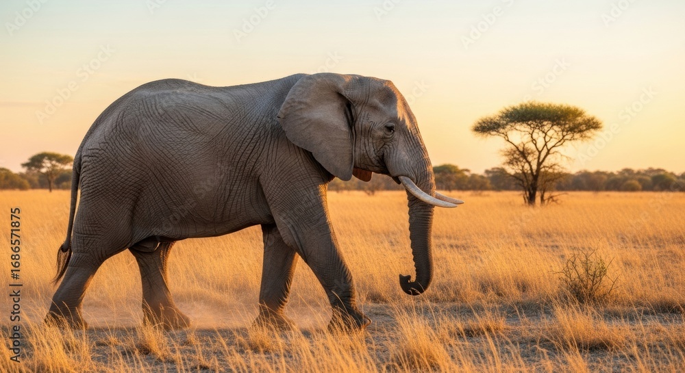 Obraz premium Majestic Elephant Stroll: Golden Light on African Savannah at Sunset