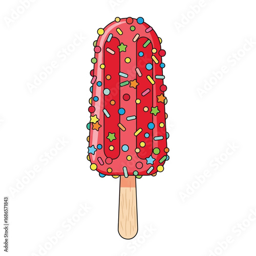 Vibrant red popsicle with colorful sprinkles on a wooden stick, a sweet frozen treat illustration.