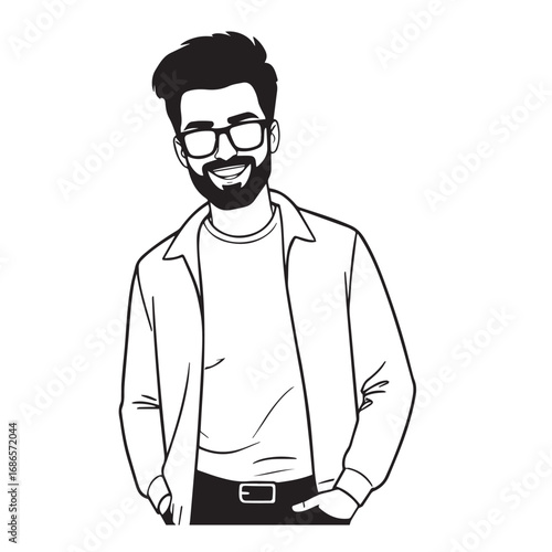 Handsome Man Black and White Illustration Vector Image Male Portrait Fashion Sketch Line Art Design