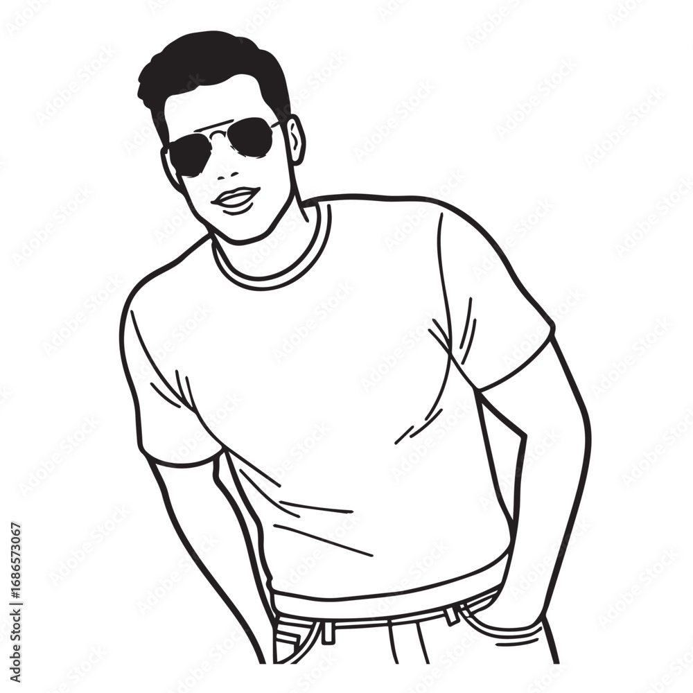 Fototapeta premium Handsome Man Black and White Illustration Vector Image Male Portrait Fashion Sketch Line Art Design