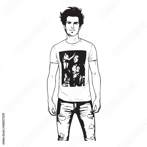 Handsome Man Black and White Illustration Vector Image Male Portrait Fashion Sketch Line Art Design