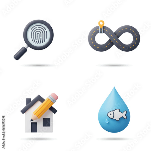 Unique Vector Icon Pack: Identity, Journey, Creativity, Nature Concepts – Fingerprint Magnifier, Infinity Road, House Pencil Roof, Fish Droplet.