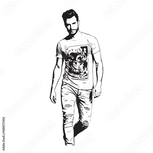 Handsome Man Black and White Illustration Vector Image Male Portrait Fashion Sketch Line Art Design