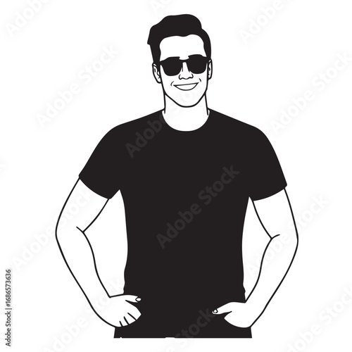 Handsome Man Black and White Illustration Vector Image Male Portrait Fashion Sketch Line Art Design	