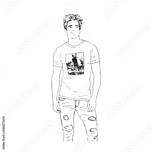 Handsome Man Black and White Illustration Vector Image Male Portrait Fashion Sketch Line Art Design	
