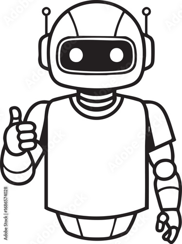 Cartoon robot with thumbs up gesture in black and white outline illustration