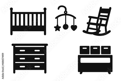 Nursery furniture icon set. Black silhouette collection for baby room decor. Vector graphics of crib, rocking chair, mobile, dresser, and storage. Newborn, infant, childcare concept.