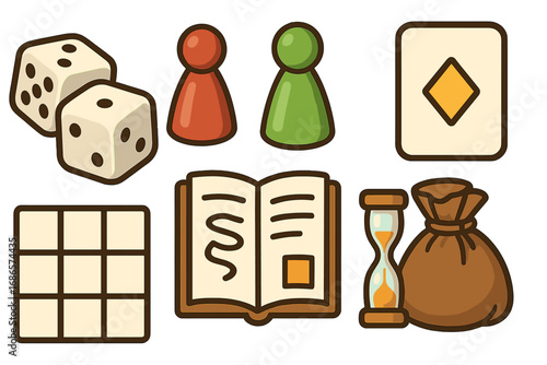 Board game icon set for classic tabletop gaming. Vector collection of dice, pawns, playing card, grid, rulebook, hourglass timer, and pouch. Hobby and leisure concept.