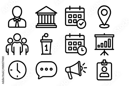 Business and event line icon set. Professional meeting, conference, and corporate communication symbols. Vector icons for presentation, schedule, venue, and speaker. Management.