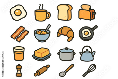 Breakfast and cooking icon set. Vector cartoon illustration of food and kitchen essentials like egg, bacon, toast, coffee, and utensils. Isolated flat design elements.