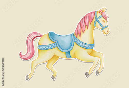 Cute pink carousel horse illustration. Watercolor baby carousel.
