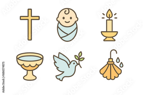 Christening ceremony icon set. Baptism symbols for newborn baby. Flat cartoon vector graphics. Christian religious ritual elements like cross, dove, candle, shell, and font.
