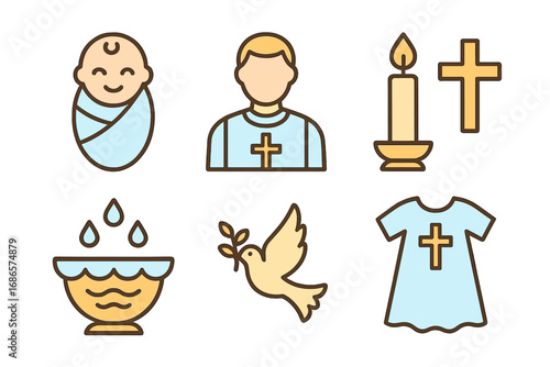 Christening ceremony vector icon set. Flat linear symbols for baptism. Religious rituals collection for christian sacrament celebration. Baby, priest, cross, candle, dove.
