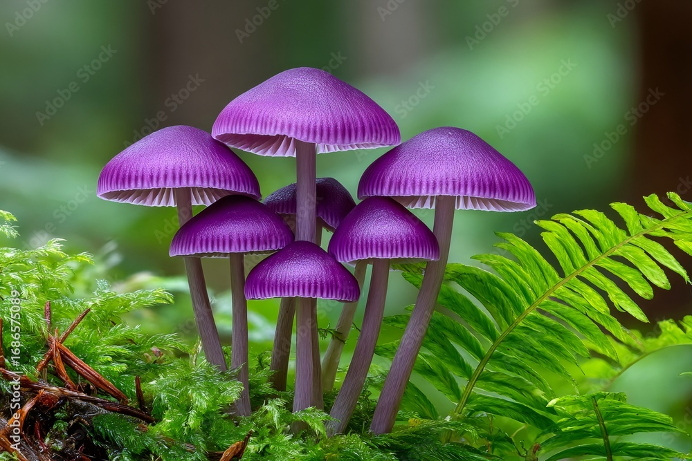 Fototapeta premium Group of vibrant purple mushrooms growing in lush green moss