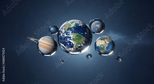 Fototapeta Naklejka Na Ścianę i Meble -  Planet Earth and the solar system suspended inside reflective water drops on a dark blue cosmic backdrop