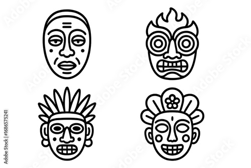 Ethnic masks icon set. Traditional cultural tribal face symbols. Vector outline illustration of African, Polynesian, ancient shaman and tiki god heads for ceremony or carnival.