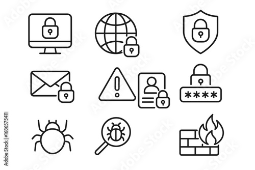 Cybersecurity line icon set. Internet security and data privacy protection outline icons. Vector symbols for network safety, firewall, virus scan, password, and secure access.