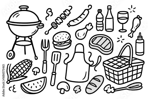 Doodle style barbecue and picnic essentials set. Hand drawn vector cartoon illustration of grill, food, and cooking elements like steak, sausage, and burger for summer party.