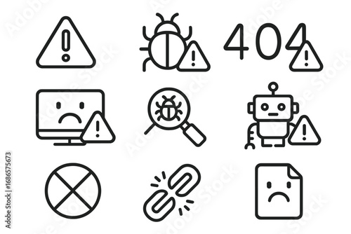 Error bug line icon set. Debugging, 404 page not found, and robot error icons. Vector collection for system failure, broken link, warning alert, and computer problems.