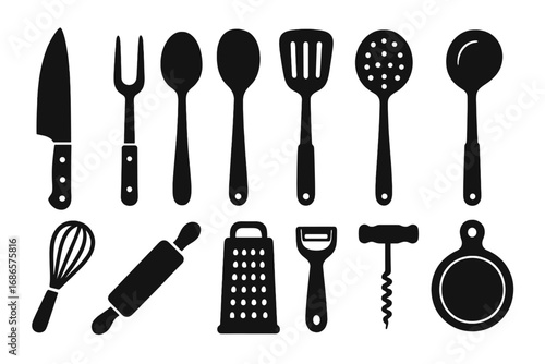 Essential kitchen utensils vector icon set. Simple black silhouette collection of culinary tools for cooking. Isolated cooking equipment like knife, fork, spoon, and grater.