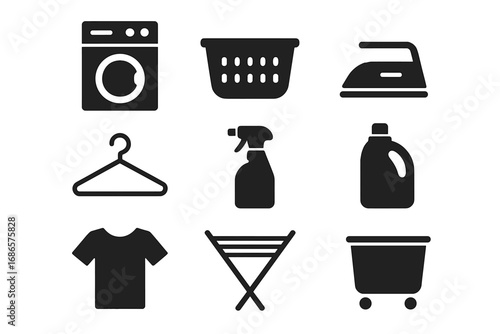 Laundry service icon set. Washing machine, iron, detergent, hanger silhouettes. Vector graphic for laundromat, cleaning, and home organization. Housework symbols collection.