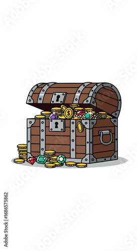 Open Treasure Chest Filled with Gold Coins and Jewels.