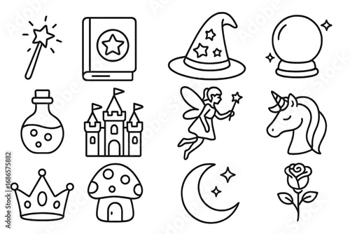 Fairytale magic linear icon set with fantasy elements. Enchanted dream world icons like unicorn, castle, fairy, wizard hat, wand, potion, spellbook, crown, crystal ball.