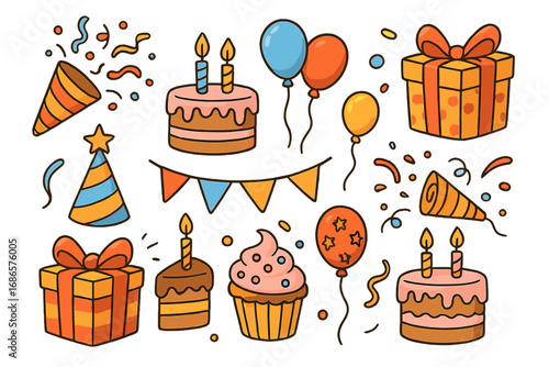 Festive birthday party doodle collection. Hand-drawn cartoon celebration icons set with cake, gift box, balloons, and confetti. Vector clipart illustration for joyful events.