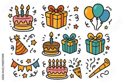 Festive birthday party doodle icon set. Hand-drawn cartoon celebration elements. Vector illustration with cake, gift box, balloons, and confetti. Isolated graphic design asset kit.