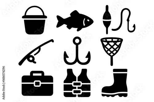 Set of black fishing silhouette icons. Angling and fishery equipment symbols. Vector graphic of fish, rod, reel, hook, anchor, float, net, tackle box, safety vest.