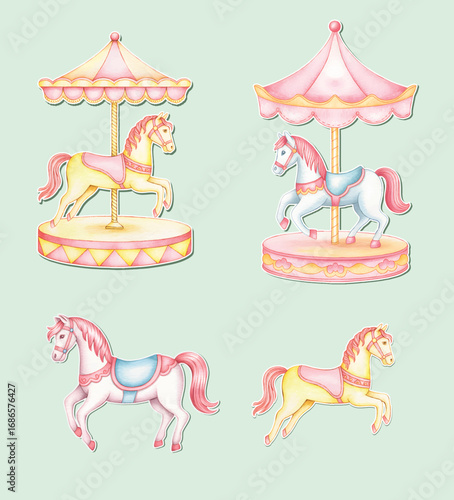 Cartoon carousel set. Cute horse collection for kids.  Baby shower pony theme.