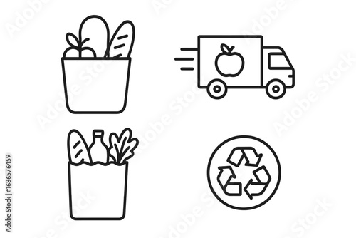 Grocery delivery outline icon set. Eco-friendly shopping line art. Food bag, delivery truck, and recycling symbol. Online order and sustainable retail vector icons.