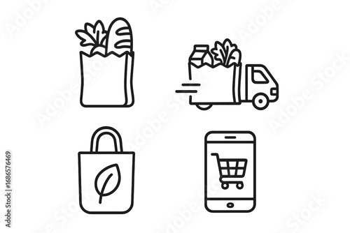 Grocery delivery outline icon set. Online food shopping, eco friendly bag, fast shipping truck and mobile app purchase. Vector line art symbols for e-commerce business.