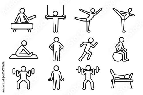 Gymnastics and fitness line icon set. Sports exercise and workout outline icons. Athlete people pictogram collection. Weightlifting, stretching, gym activities. Vector.