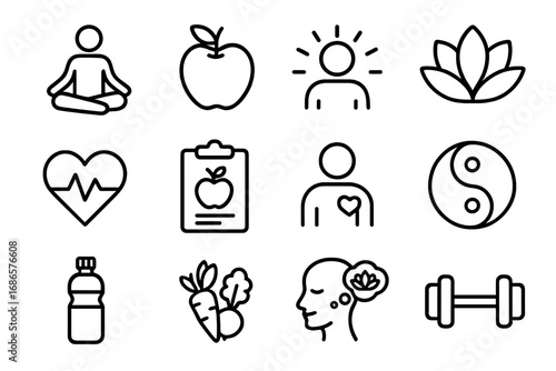 Health and wellness outline icon set. Vector icons for healthy lifestyle, yoga, meditation, mindfulness, nutrition, diet, and fitness. Mental health and self care concepts.