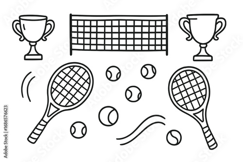 Hand drawn tennis elements in doodle style. Vector cartoon illustration icon set with racket, ball, net, and trophy. Sports competition and championship equipment concept.