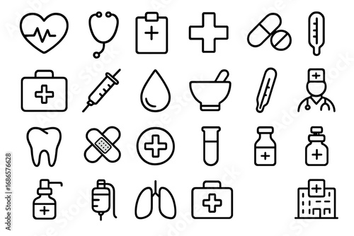 Healthcare and medical outline icon set. Medicine, wellness, and hospital symbols collection. Vector pictogram for emergency, pharmacy, doctor, clinic, and health concepts.