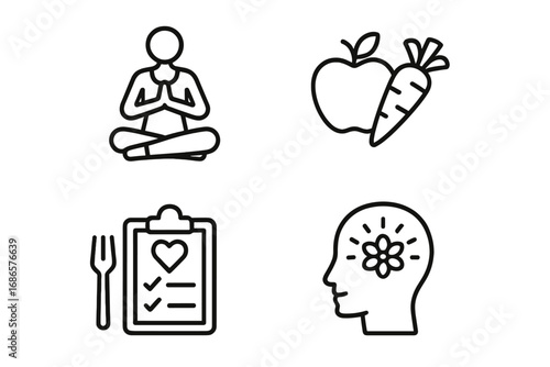 Health and wellness outline icon set. Yoga, meditation, mindfulness, nutrition, diet plan. Healthy food. Mental health, psychology concept. Self-care, balance, lifestyle symbols.