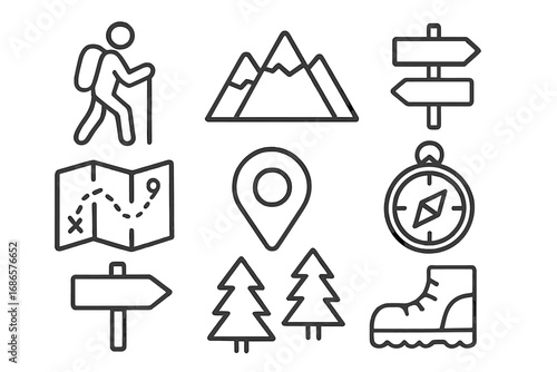 Hiking trail outline icon set. Adventure, navigation signs vector collection. Includes mountains, map, compass, backpacker, boot, forest trees, and location pin symbols.