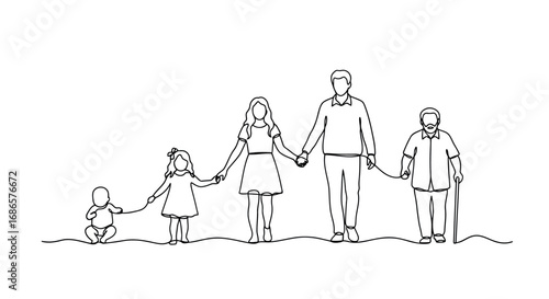 Generational family holding hands in a line, from baby to elder