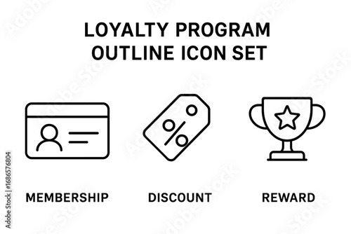 Loyalty program outline icon set with membership card, discount tag, and reward trophy. Vector collection for customer retention, marketing promotion, and bonus points.
