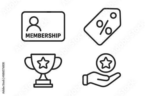 Loyalty program outline icon set. Membership card, discount tag, reward trophy, and bonus point symbols. Vector line art for customer retention, marketing and VIP concepts.