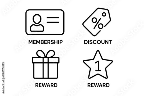 Loyalty program outline icon set. Customer retention concept with membership card, discount tag, reward gift, and bonus point symbols. Vector line art for marketing materials.