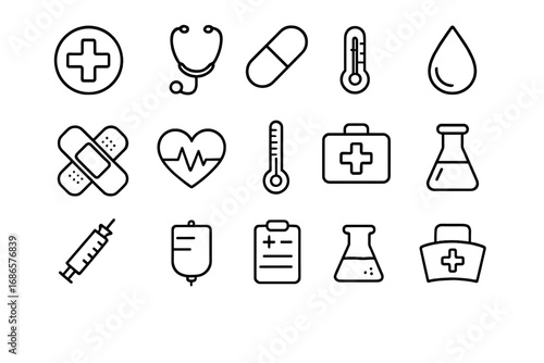 Medical and healthcare line icon set. Medicine, hospital, and first aid symbols. Pharmacy, lab, and clinic equipment collection. Vector tools for health and emergency care.
