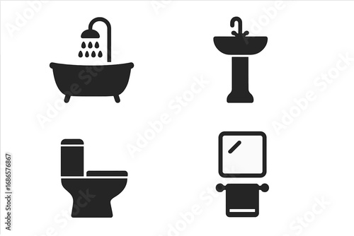 Minimalist bathroom icons set. Simple black silhouette symbols for home interior design. Vector glyph collection. Bath, shower, sink, toilet, mirror, towel pictogram pack.