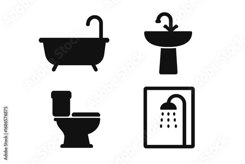 Bathroom icons set. Minimalist black silhouettes for home interior design. Vector glyph collection with bathtub, toilet, sink and shower. Washroom hygiene and furniture symbols.