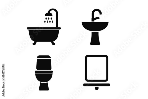 Bathroom icons set. Simple black silhouettes for home and web design. Vector collection of minimalist furniture symbols: bathtub, shower, sink, toilet, mirror. Flat pictograms.